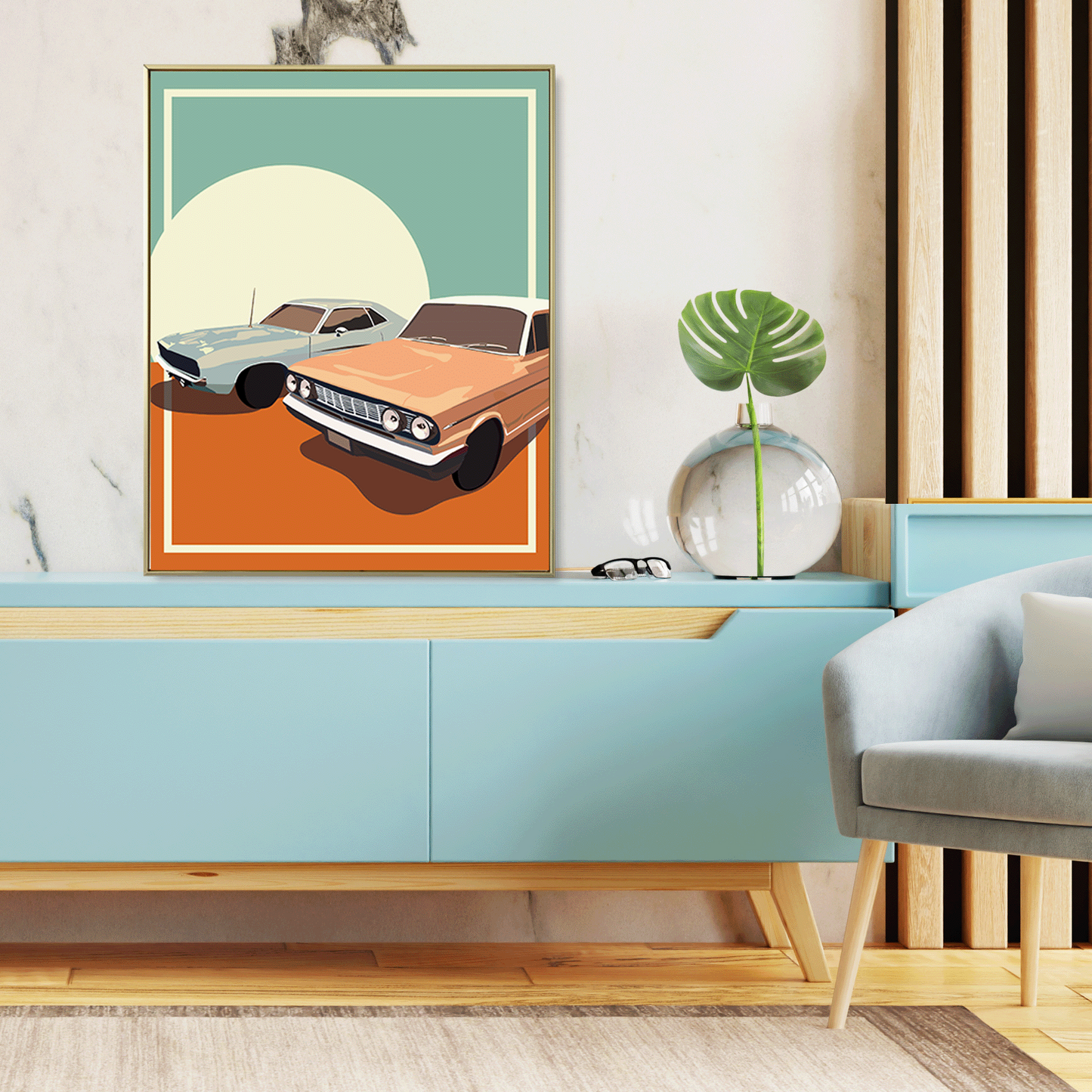 Vintage cars (two) art print - poster orange blue themed - home decor