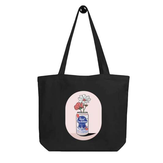 Black tote bag - Design : pink flowers inside pabst beer can