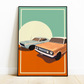 Vintage cars (two) art print - poster orange blue themed