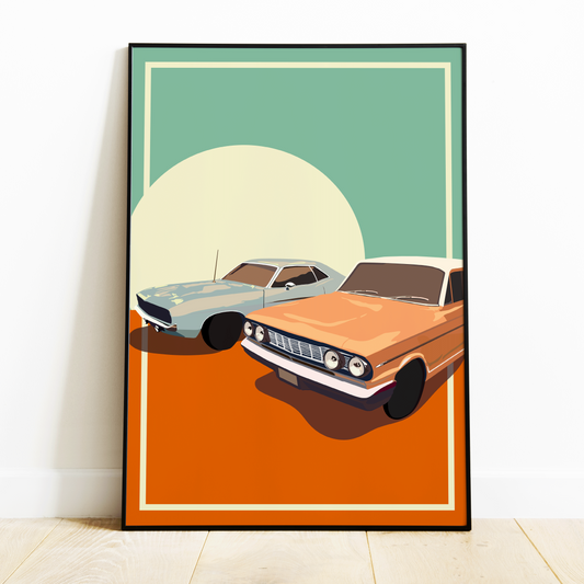 Vintage cars (two) art print - poster orange blue themed