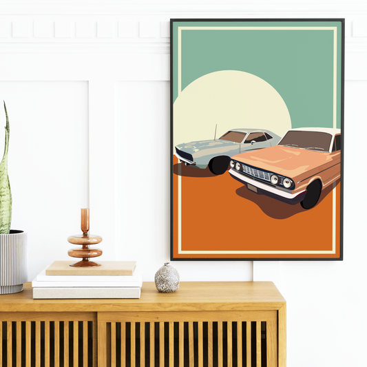 Home decor - vintage cars (two) art print - poster orange blue themed