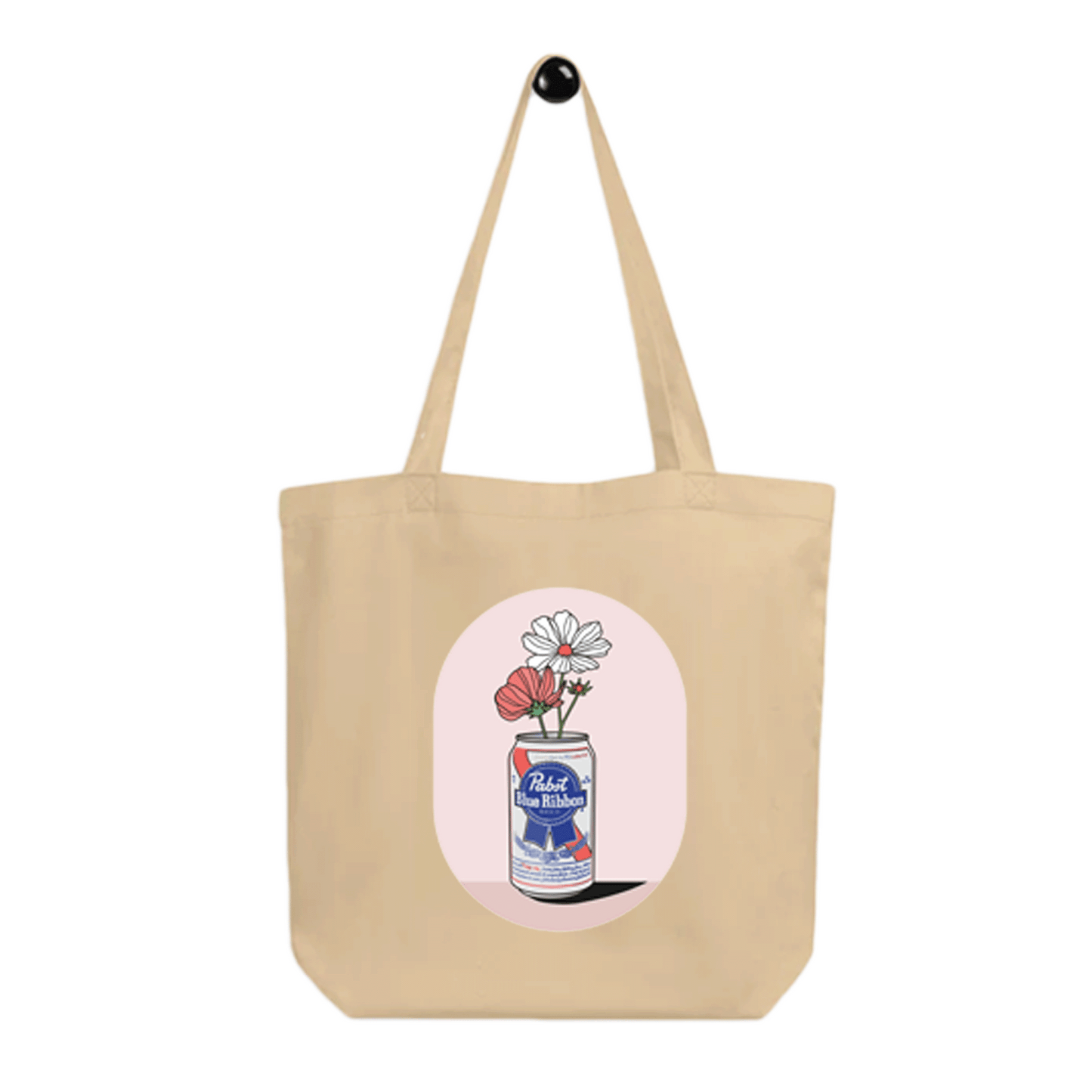 Beige tote bag - Design : pink flowers inside pabst beer can