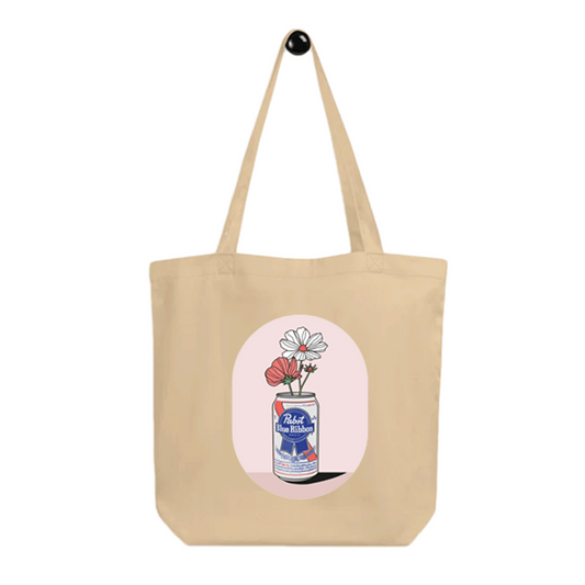 Beige tote bag - Design : pink flowers inside pabst beer can