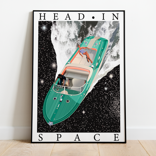 Illustration science-fiction (sci fi) galaxie, galaxy, space ship, fantasy, sci fi movies, woman yacht, boat art print, Impressions papier giclée lustré pro - 5x7 8x10 12x16 13x19 - Affiche poster décoration intérieure éclectique - Art digital printmaking art - Infographic posters prints shop