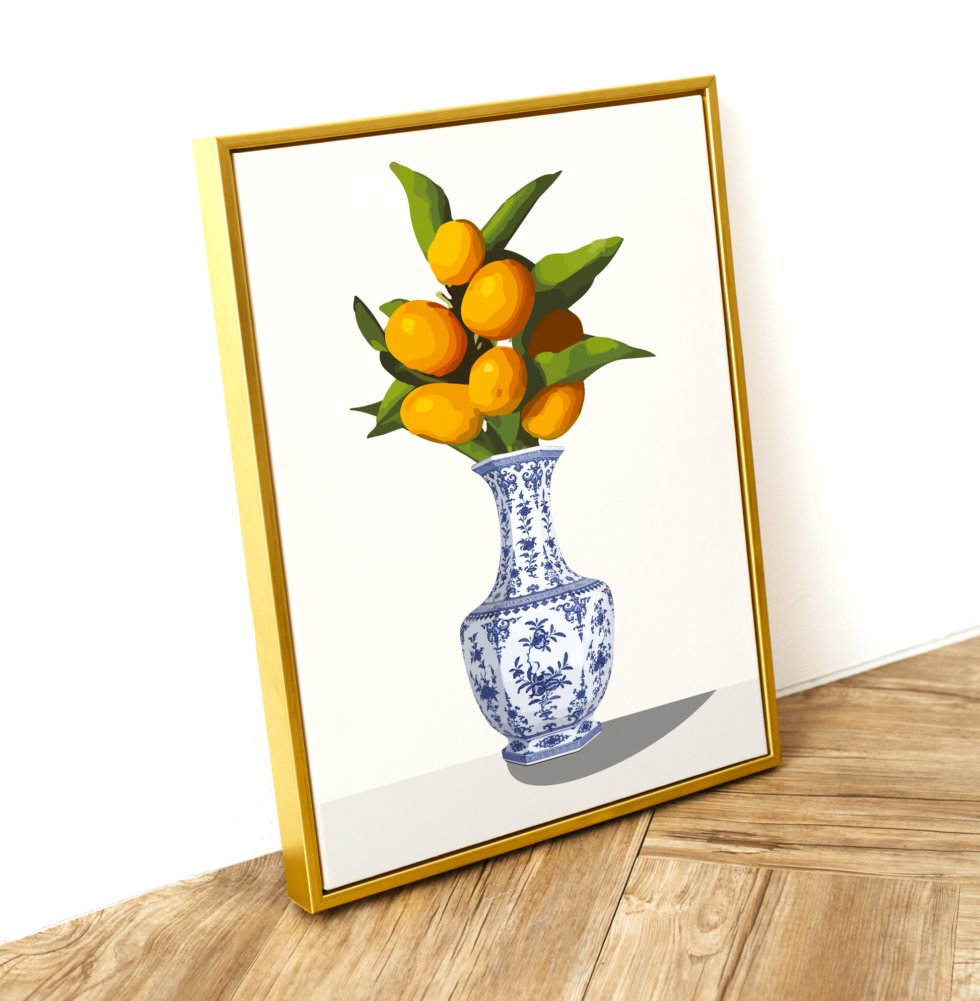 Oranges Flower Blue Vase Illustration Art Print Floral Fruits Poster Delicate Artwork Eclectic Home Decor
