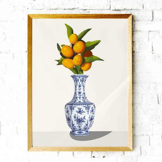Oranges Flower Blue Vase Illustration Art Print Floral Fruits Poster Delicate Artwork Eclectic