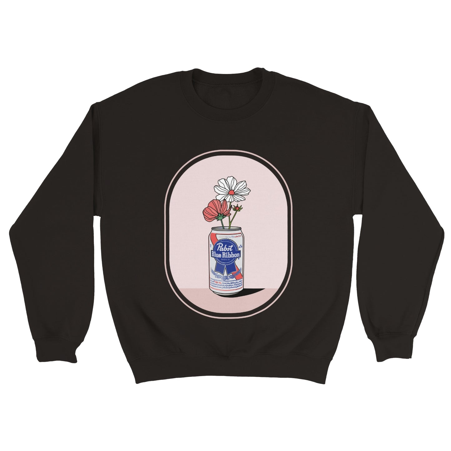 Sweatshirt crewneck noir black, coton, polyester, illustration impression graphique numérique oeuvre d'art, digital art print, fleurs sauvages canette bière Pabst, wildflowers beer can, Oana Illustrations