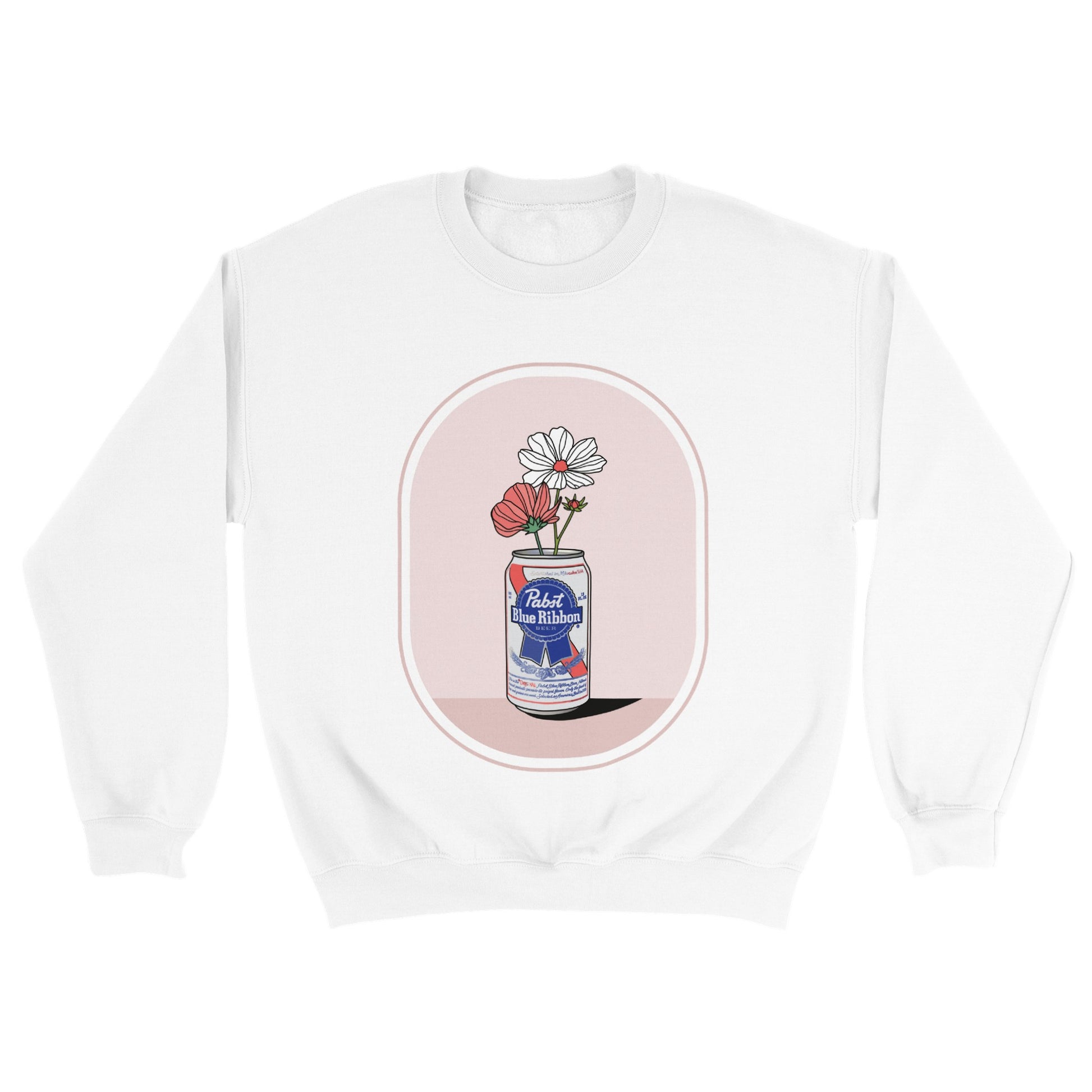 Sweatshirt crewneck blanc white, coton, polyester, illustration impression graphique numérique oeuvre d'art, digital art print, fleurs sauvages canette bière Pabst, wildflowers beer can, Oana Illustrations