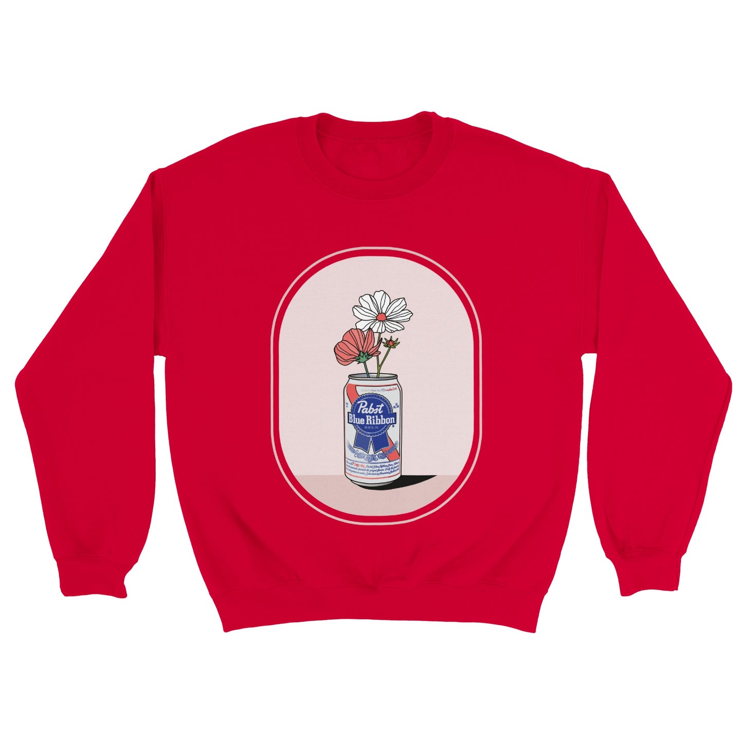 Sweatshirt crewneck rouge red, coton, polyester, illustration impression graphique numérique oeuvre d'art, digital art print, fleurs sauvages canette bière Pabst, wildflowers beer can, Oana Illustrations