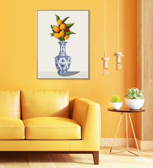 Oranges Flower Blue Vase Illustration Art Print Floral Fruits Poster Delicate Artwork Eclectic Home Decor